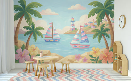 Bright Coastal Landscape Wallpaper Tropical Palms Pastel Sailboats Wall Mural