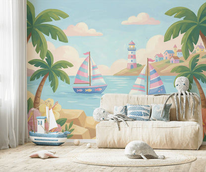 Bright Coastal Landscape Wallpaper Tropical Palms Pastel Sailboats Wall Mural