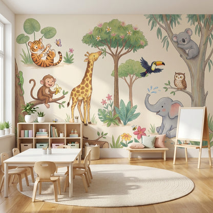 Jungle Animals Wallpaper Watercolor Illustration Cute Safari Removable Wall Decor
