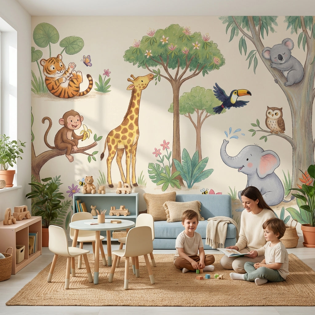 Jungle Animals Wallpaper Watercolor Illustration Cute Safari Removable Wall Decor