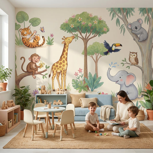 Jungle Animals Wallpaper Watercolor Illustration Cute Safari Removable Wall Decor