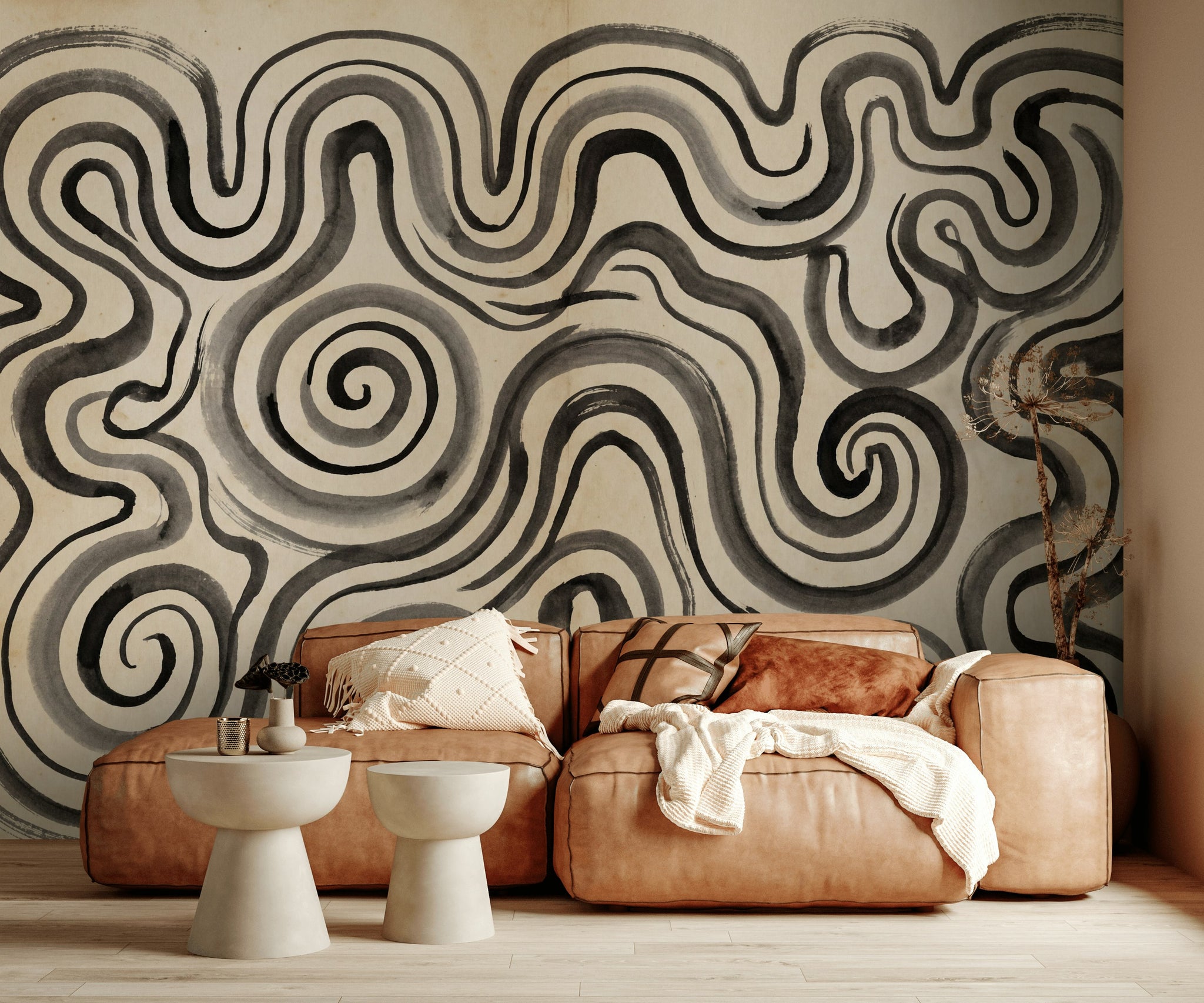 Abstract Maze Wallpaper Spiral Swirls Ink Wash Wall Mural