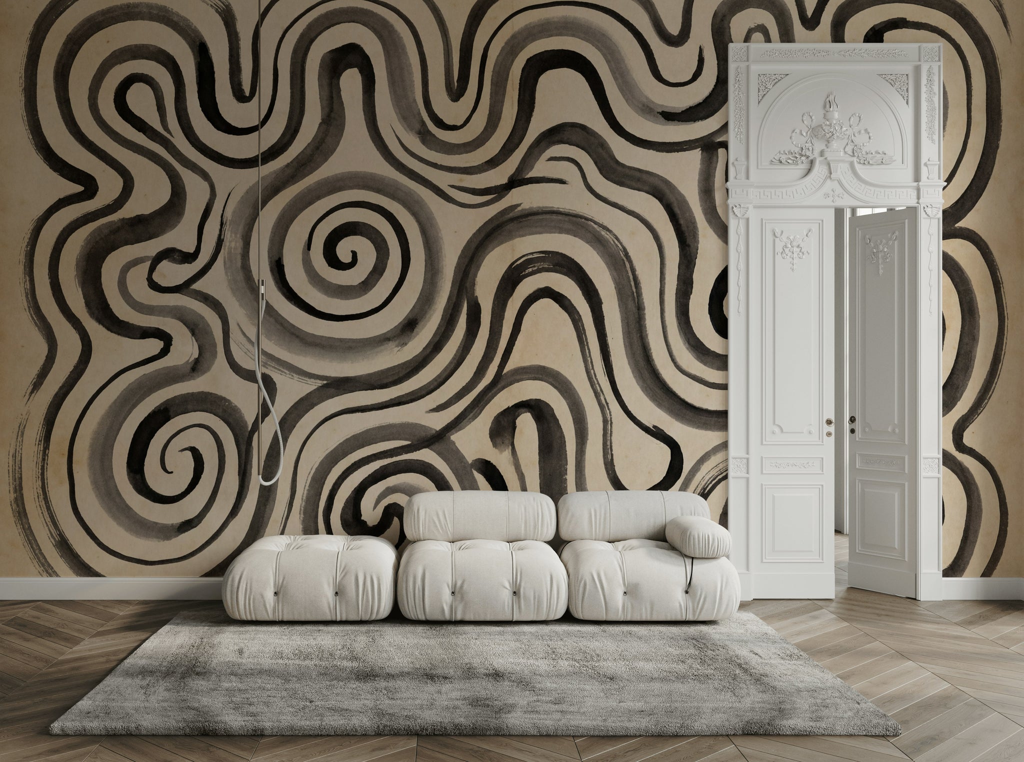 Abstract Maze Wallpaper Spiral Swirls Ink Wash Wall Mural