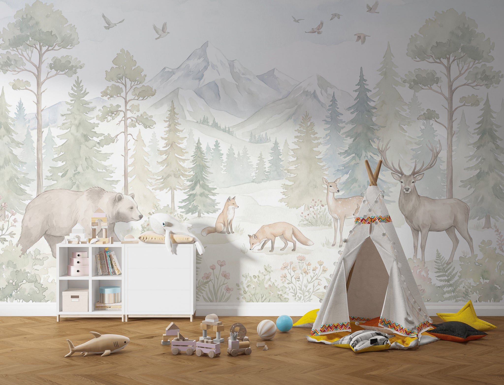 Woodland Landscape Wallpaper Watercolor Pine Forest Wall Mural