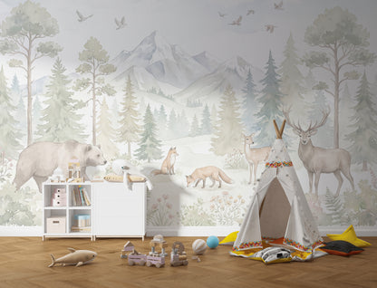 Woodland Landscape Wallpaper Watercolor Pine Forest Wall Mural