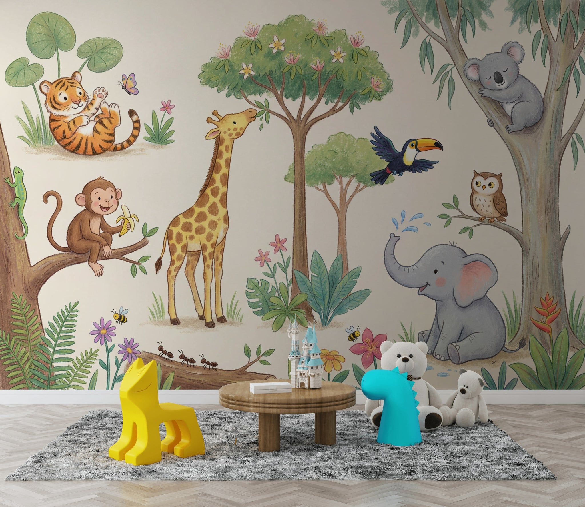 Jungle Animals Wallpaper Watercolor Illustration Cute Safari Removable Wall Decor