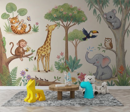 Jungle Animals Wallpaper Watercolor Illustration Cute Safari Removable Wall Decor