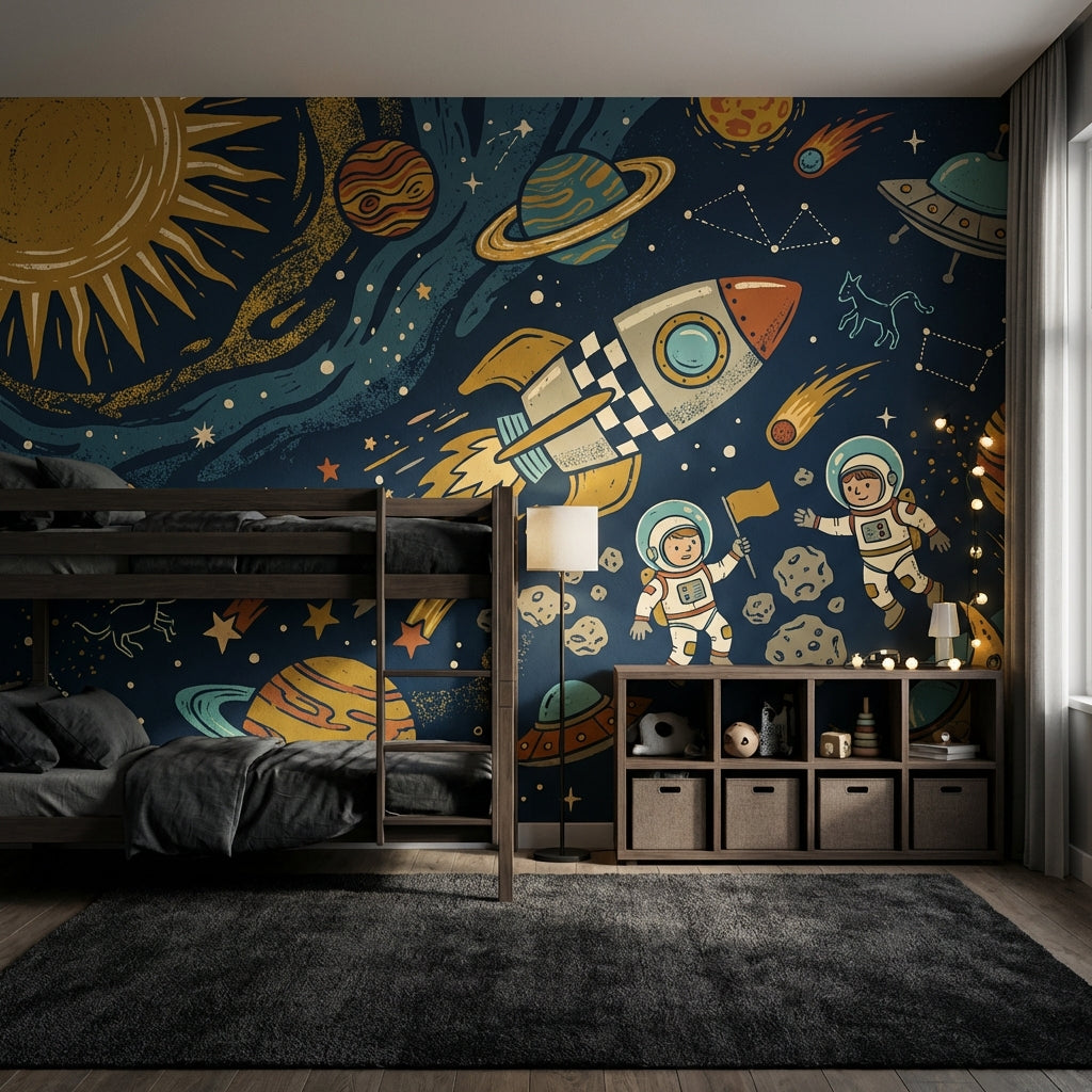Dark Space Wallpaper Rocket Astronauts Wall Mural