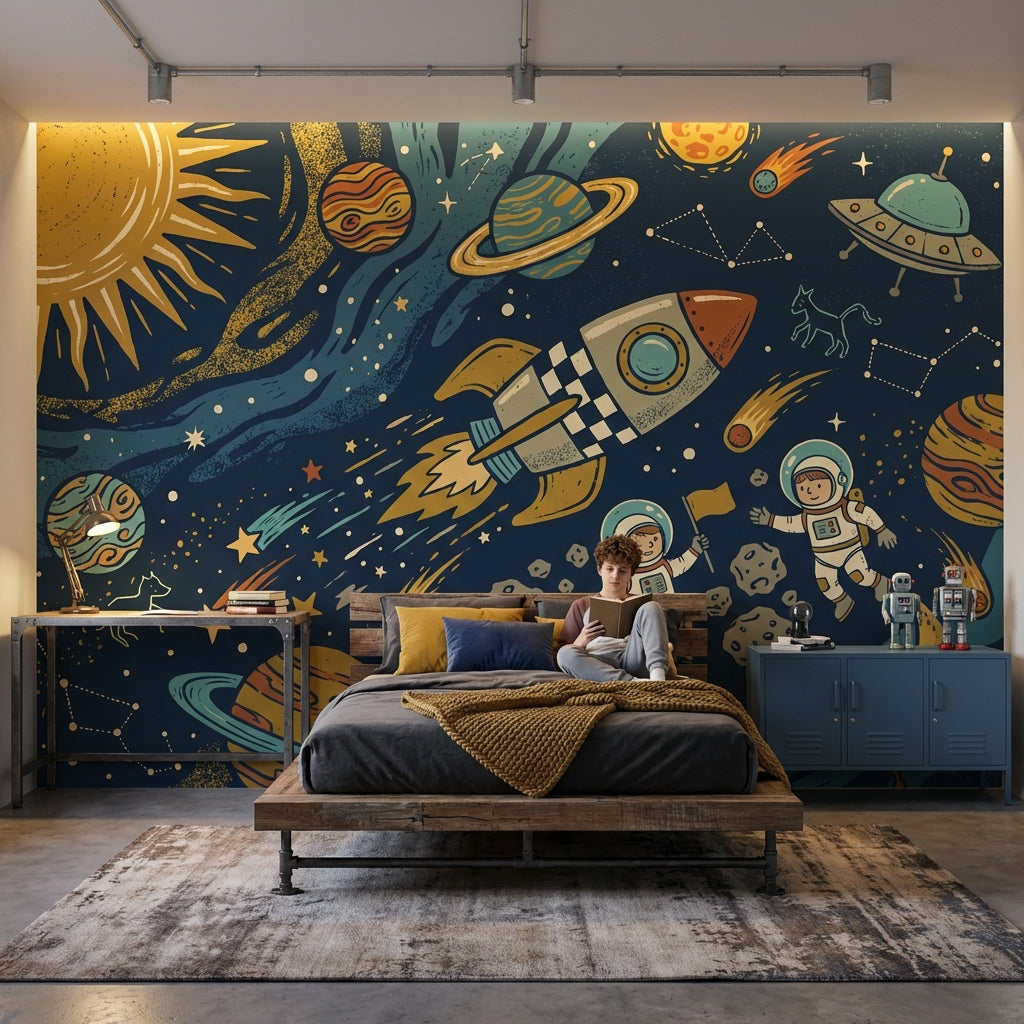 Dark Space Wallpaper Rocket Astronauts Wall Mural