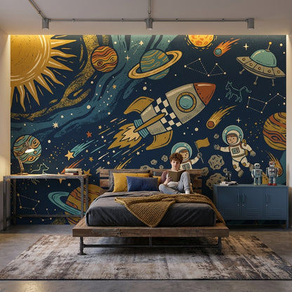 Dark Space Wallpaper Rocket Astronauts Wall Mural
