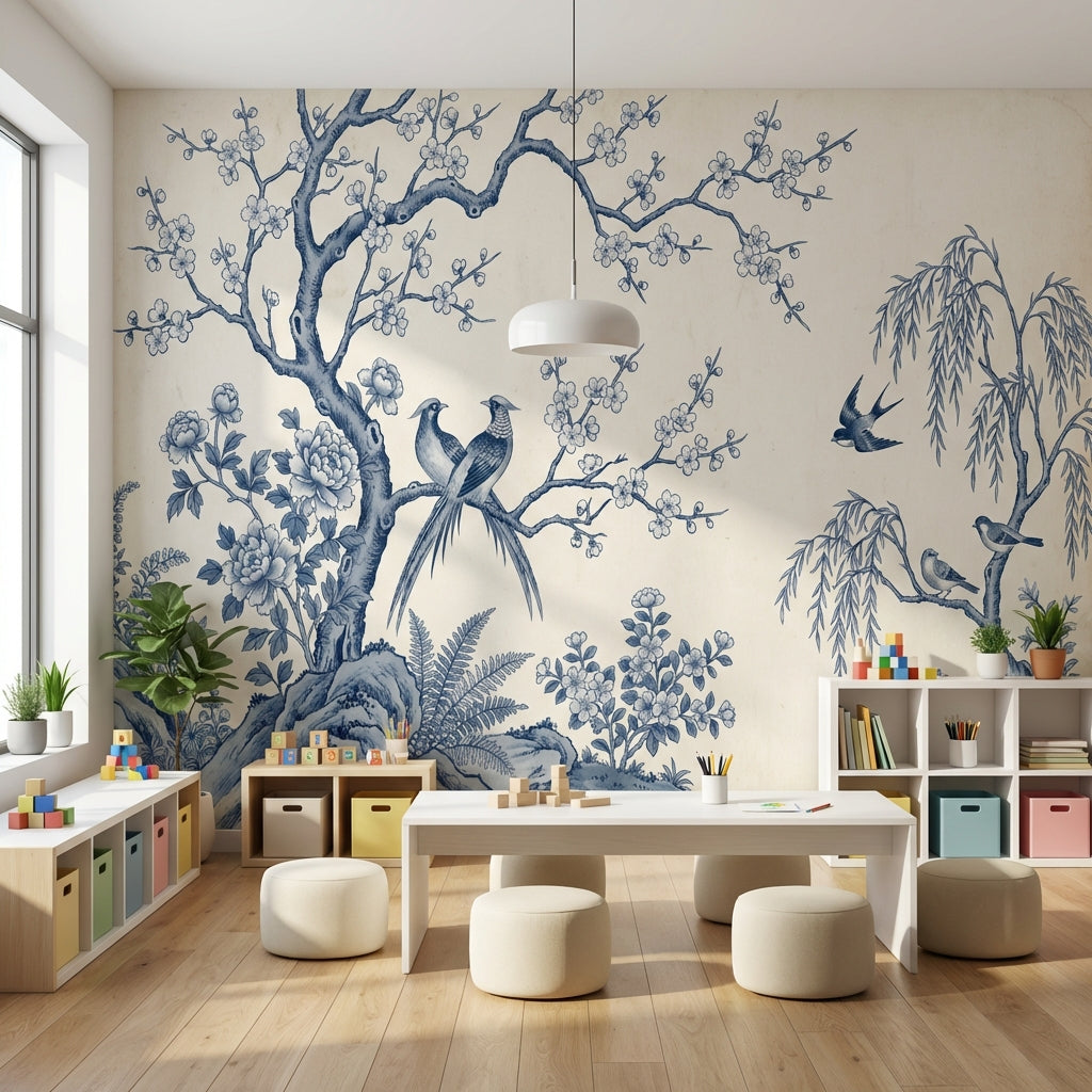 Chinoiserie Wallpaper Blue And White Toile Removable Wall Decor