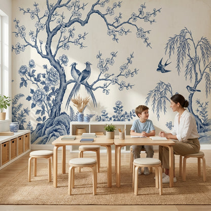 Chinoiserie Wallpaper Blue And White Toile Removable Wall Decor