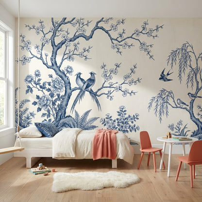 Chinoiserie Wallpaper Blue And White Toile Removable Wall Decor