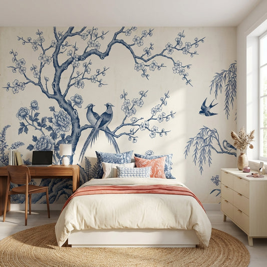 Chinoiserie Wallpaper Blue And White Toile Removable Wall Decor