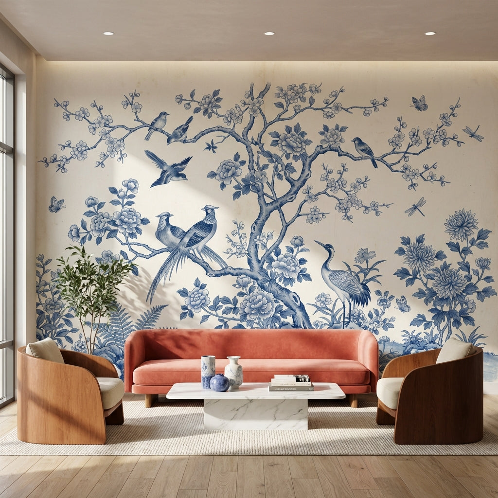Chinoiserie Wallpaper Blue And White Toile Wall Mural