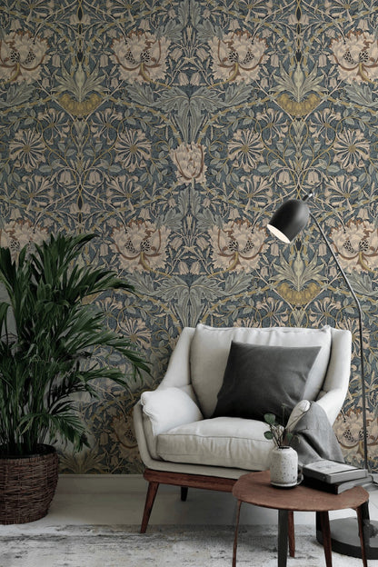 Vintage Floral Wallpaper Blue Botanical Pattern Wall Mural