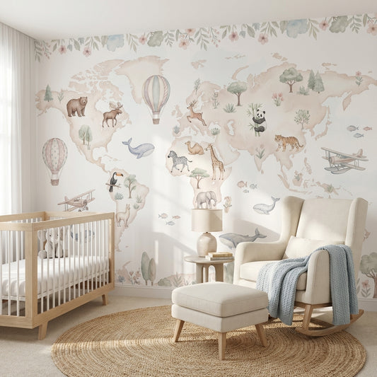 World Map Wallpaper White Background Hot Air Balloon Wall Mural