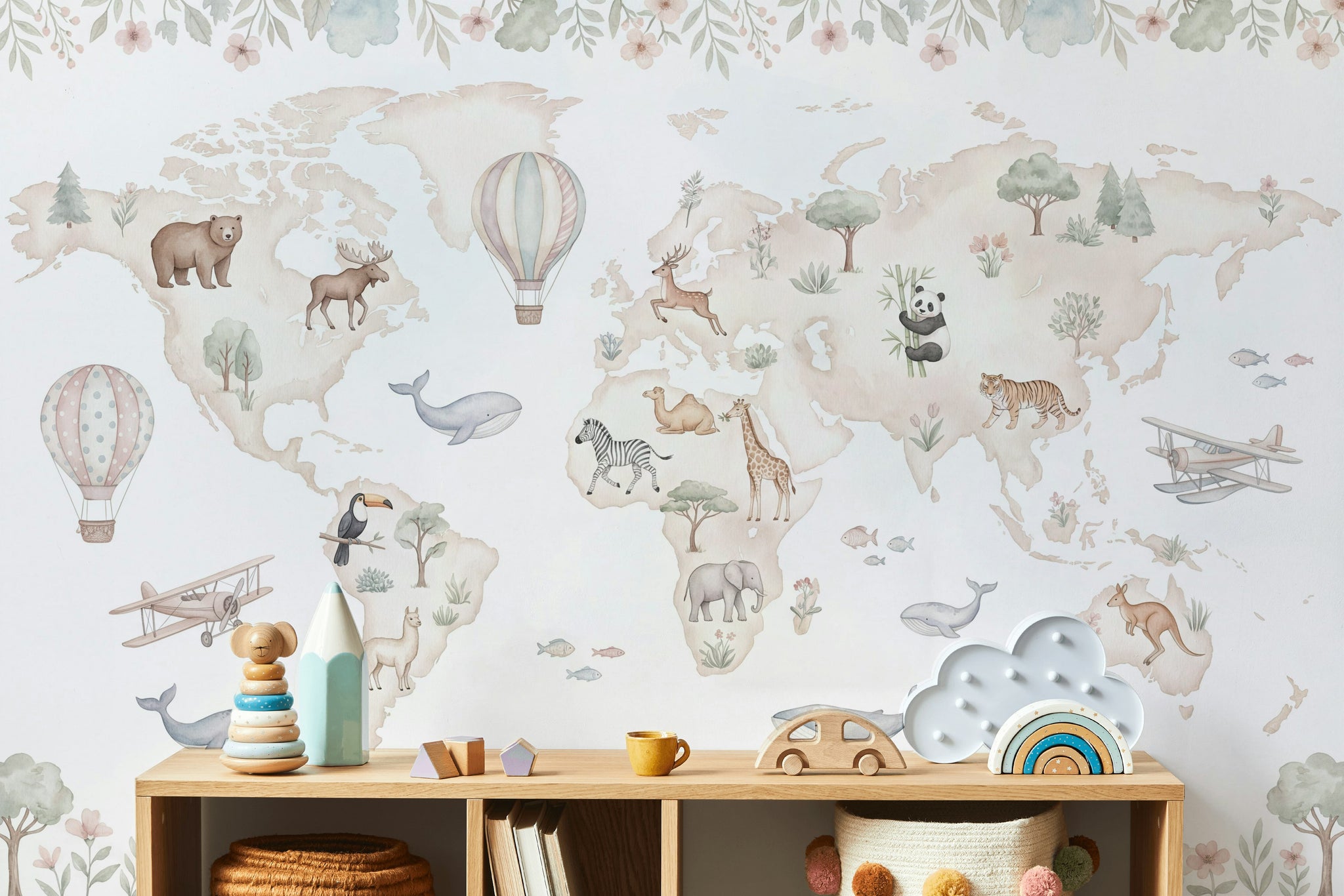 World Map Wallpaper White Background Hot Air Balloon Wall Mural
