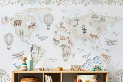 World Map Wallpaper White Background Hot Air Balloon Wall Mural