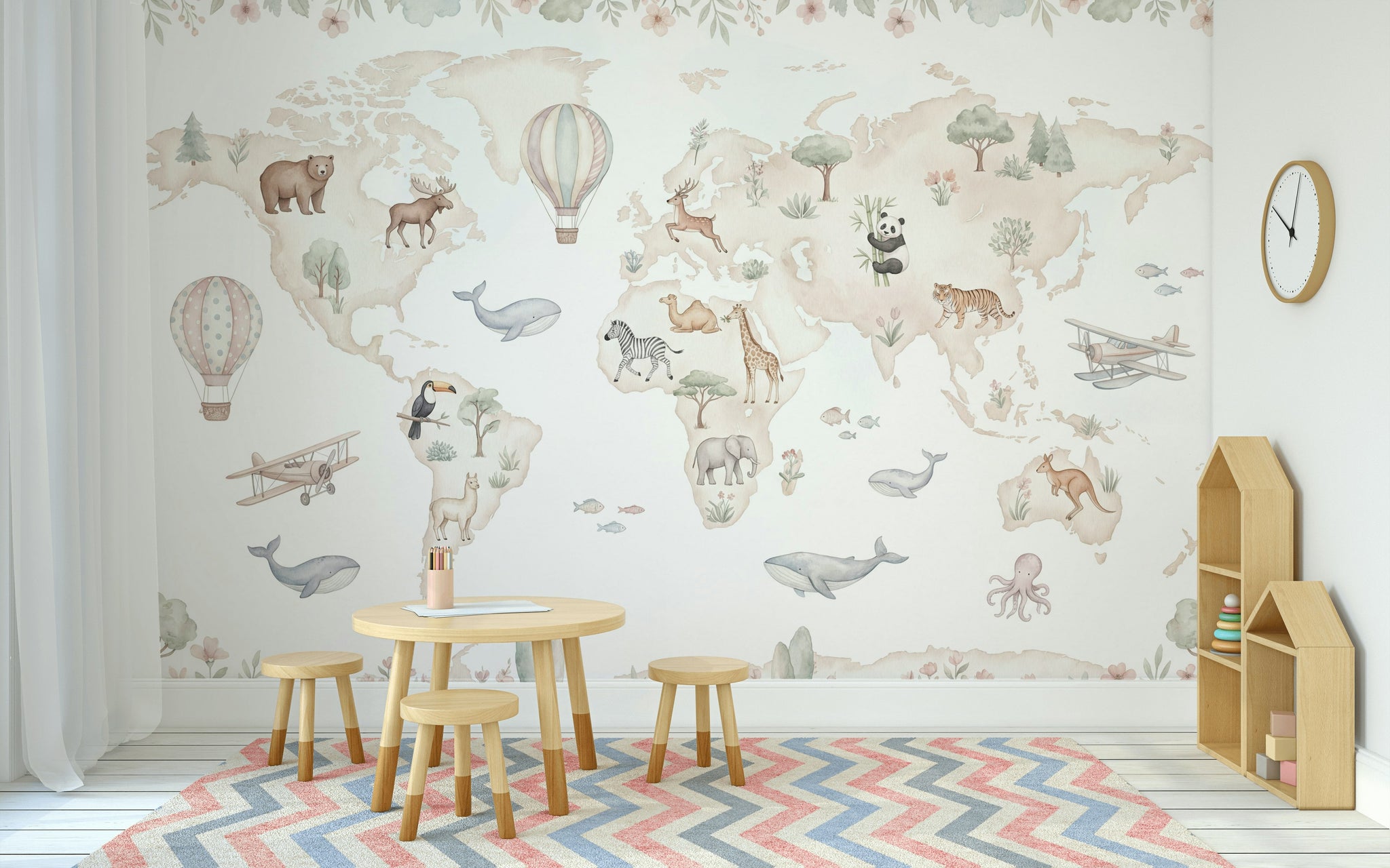 World Map Wallpaper White Background Hot Air Balloon Wall Mural