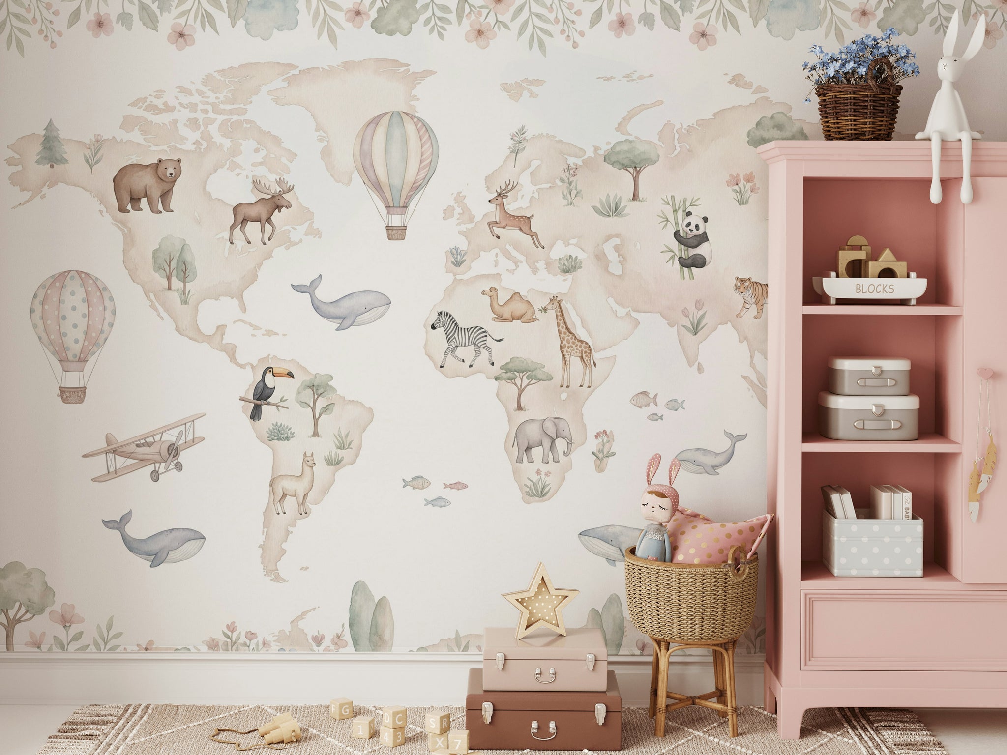 World Map Wallpaper White Background Hot Air Balloon Wall Mural