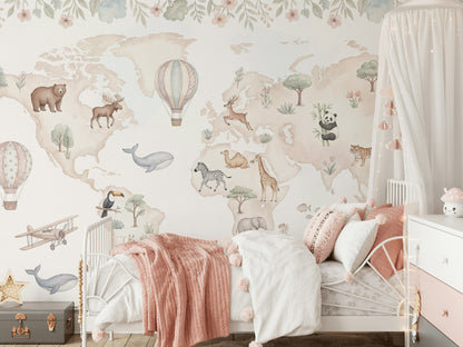World Map Wallpaper White Background Hot Air Balloon Wall Mural