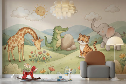 Cute Animals Wallpaper Safari Pastel Watercolor Wall Mural