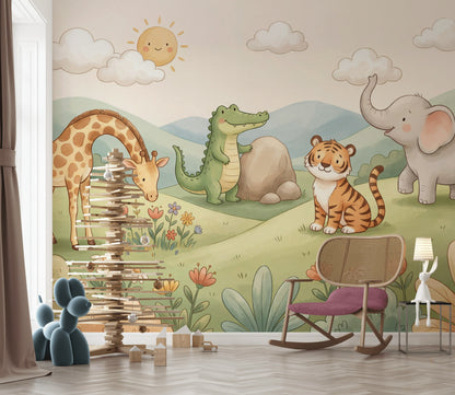 Cute Animals Wallpaper Safari Pastel Watercolor Wall Mural