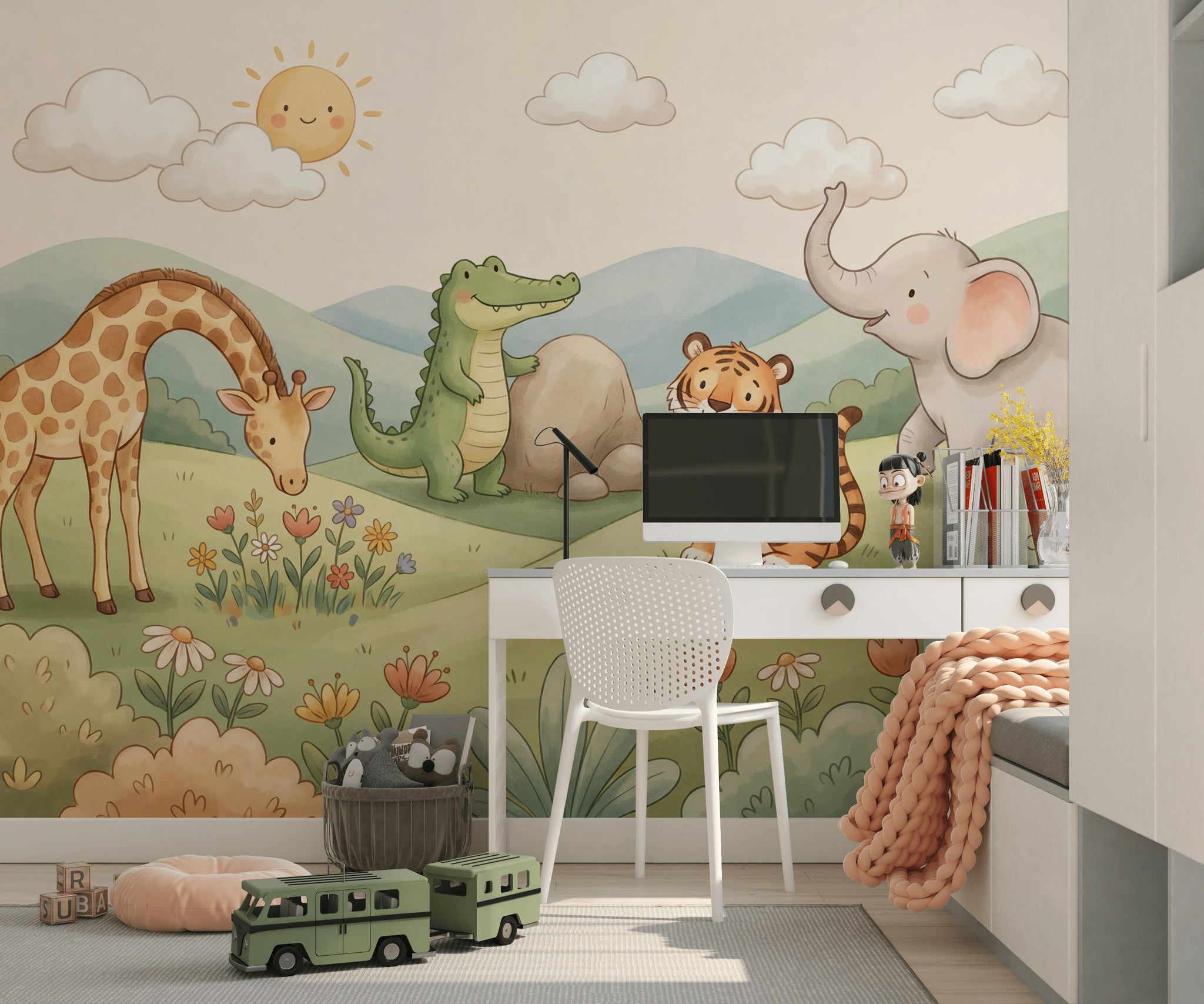 Cute Animals Wallpaper Safari Pastel Watercolor Wall Mural