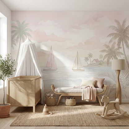 Scenic Landscape Wallpaper Tropical Coast Pastel Seascape Wall Mural