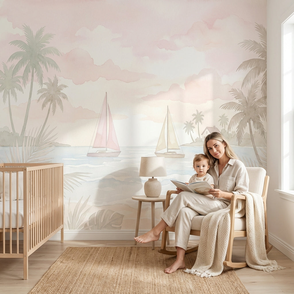 Scenic Landscape Wallpaper Tropical Coast Pastel Seascape Wall Mural