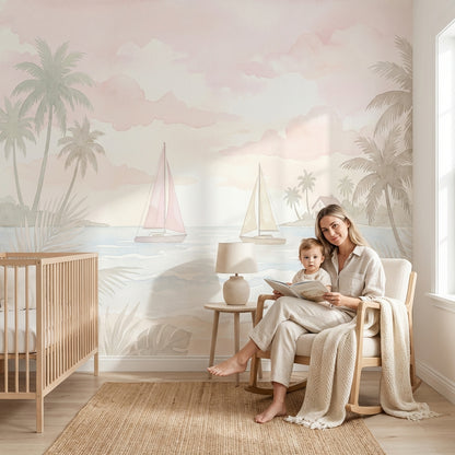 Scenic Landscape Wallpaper Tropical Coast Pastel Seascape Wall Mural