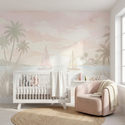 Scenic Landscape Wallpaper Tropical Coast Pastel Seascape Wall Mural