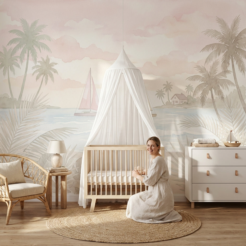 Scenic Landscape Wallpaper Tropical Coast Pastel Seascape Wall Mural