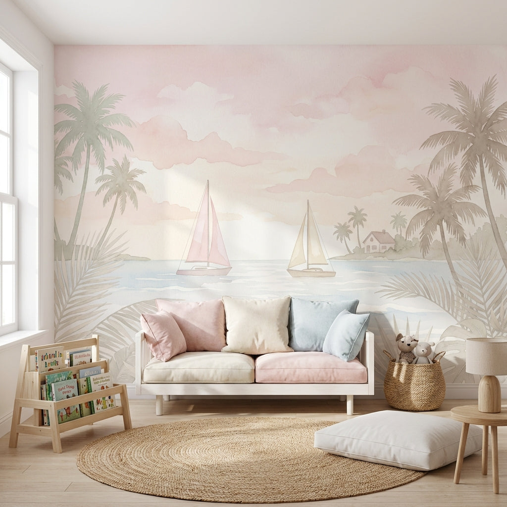Scenic Landscape Wallpaper Tropical Coast Pastel Seascape Wall Mural