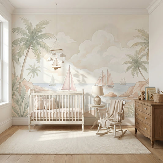 Tropical Coastal Landscape Wallpaper Palm Trees Sailboats Removable Wall Decor