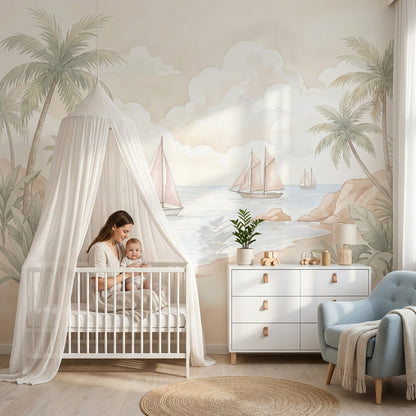Tropical Coastal Landscape Wallpaper Palm Trees Sailboats Removable Wall Decor