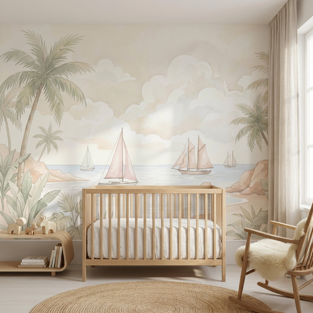 Tropical Coastal Landscape Wallpaper Palm Trees Sailboats Removable Wall Decor