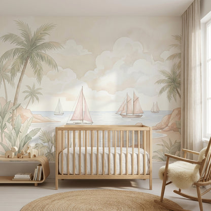 Tropical Coastal Landscape Wallpaper Palm Trees Sailboats Removable Wall Decor