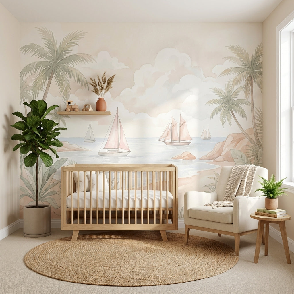 Tropical Coastal Landscape Wallpaper Palm Trees Sailboats Removable Wall Decor