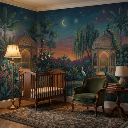Moonlit Garden Wallpaper Peacocks Ornate Gazebo Wall Mural