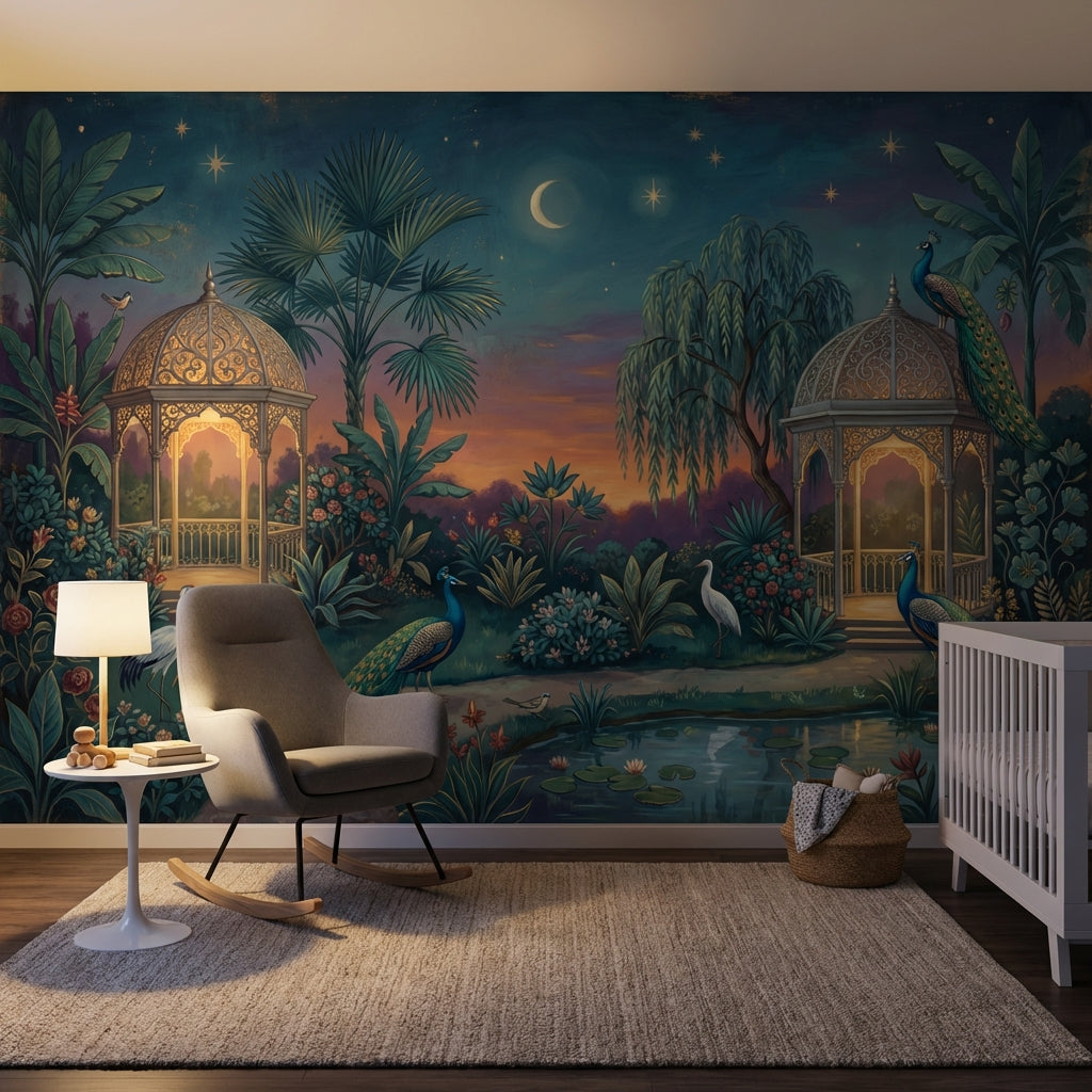 Moonlit Garden Wallpaper Peacocks Ornate Gazebo Wall Mural