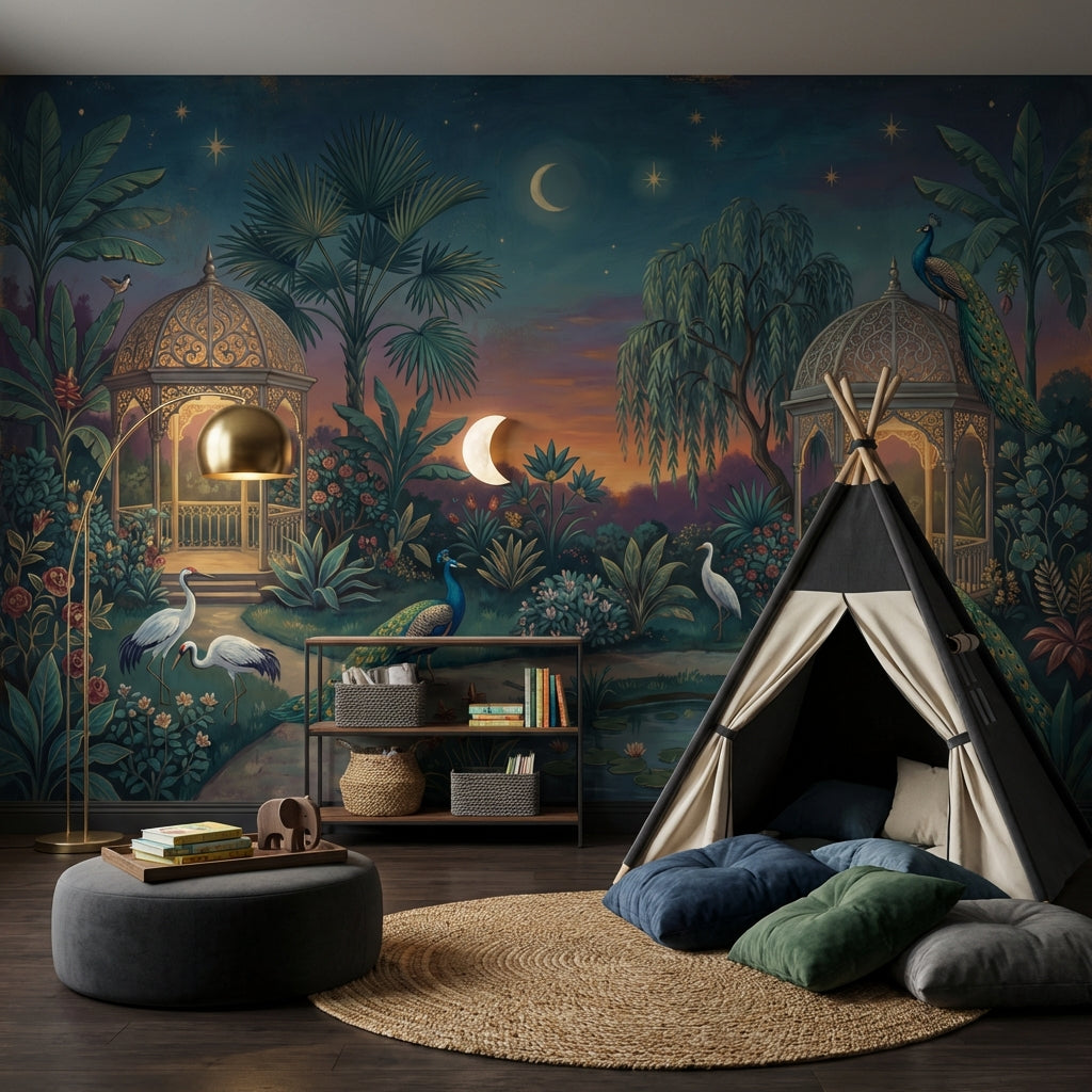 Moonlit Garden Wallpaper Peacocks Ornate Gazebo Wall Mural