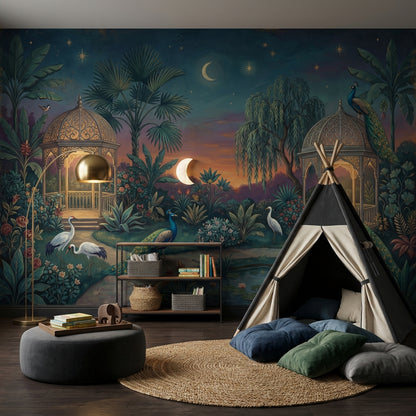 Moonlit Garden Wallpaper Peacocks Ornate Gazebo Wall Mural