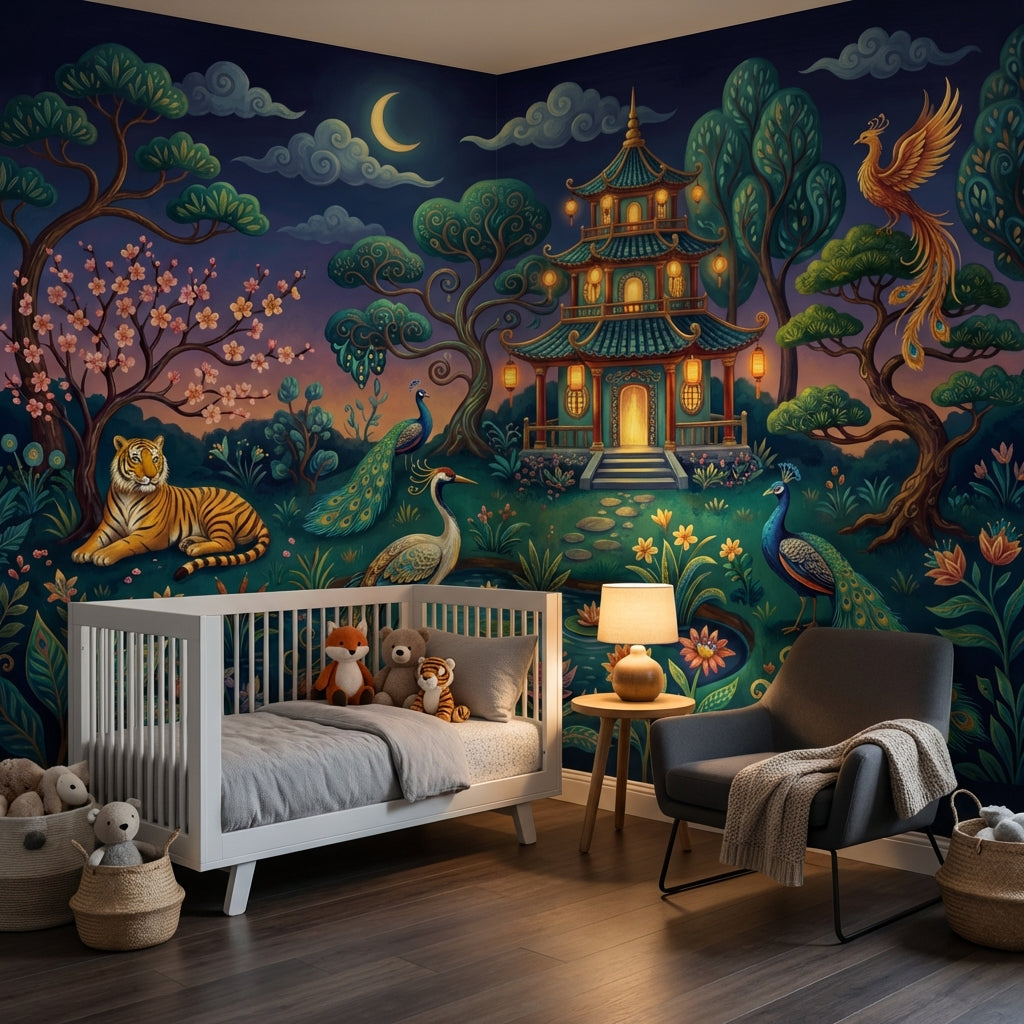 Dark Night Garden Wallpaper Pagoda Pavilion Whimsical Landscape Wall Mural