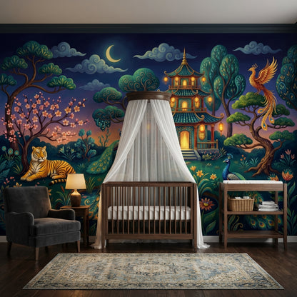 Dark Night Garden Wallpaper Pagoda Pavilion Whimsical Landscape Wall Mural