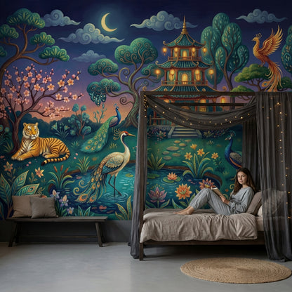 Dark Night Garden Wallpaper Pagoda Pavilion Whimsical Landscape Wall Mural