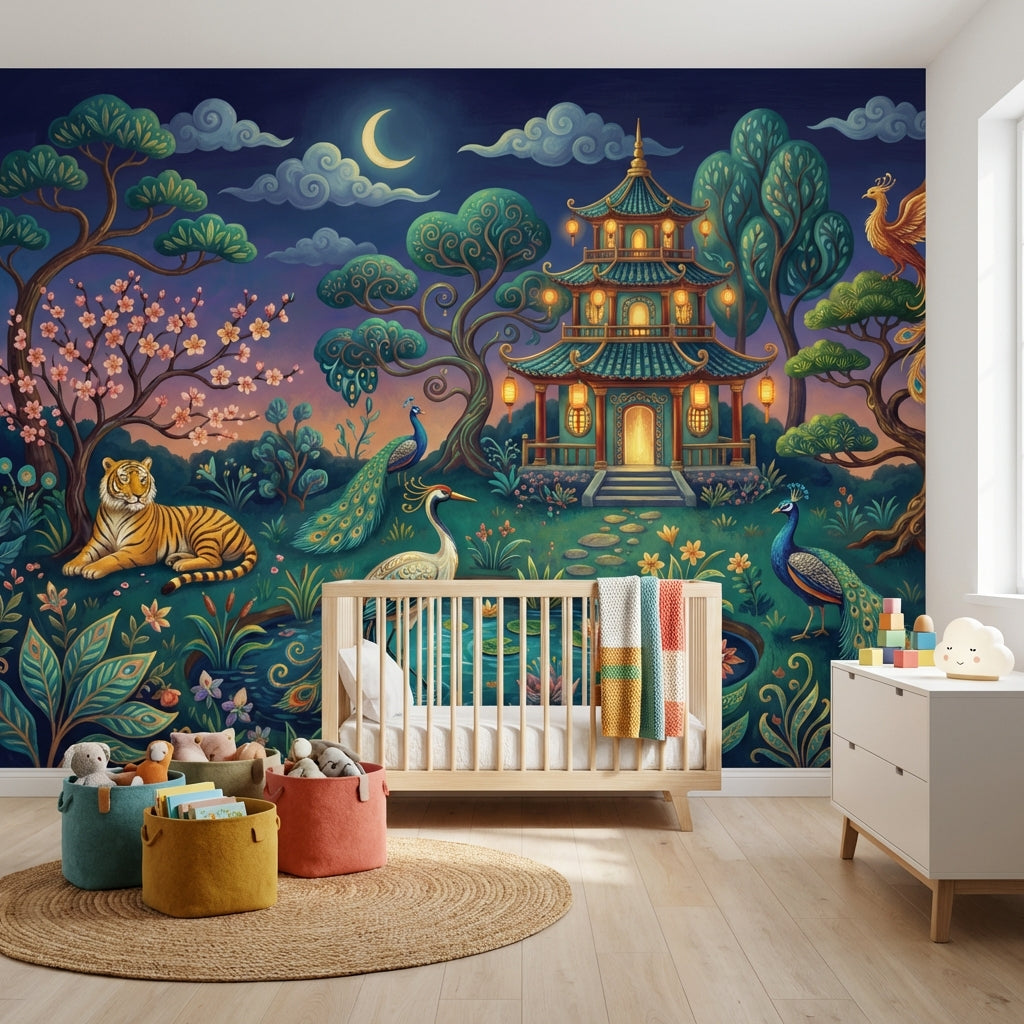 Dark Night Garden Wallpaper Pagoda Pavilion Whimsical Landscape Wall Mural