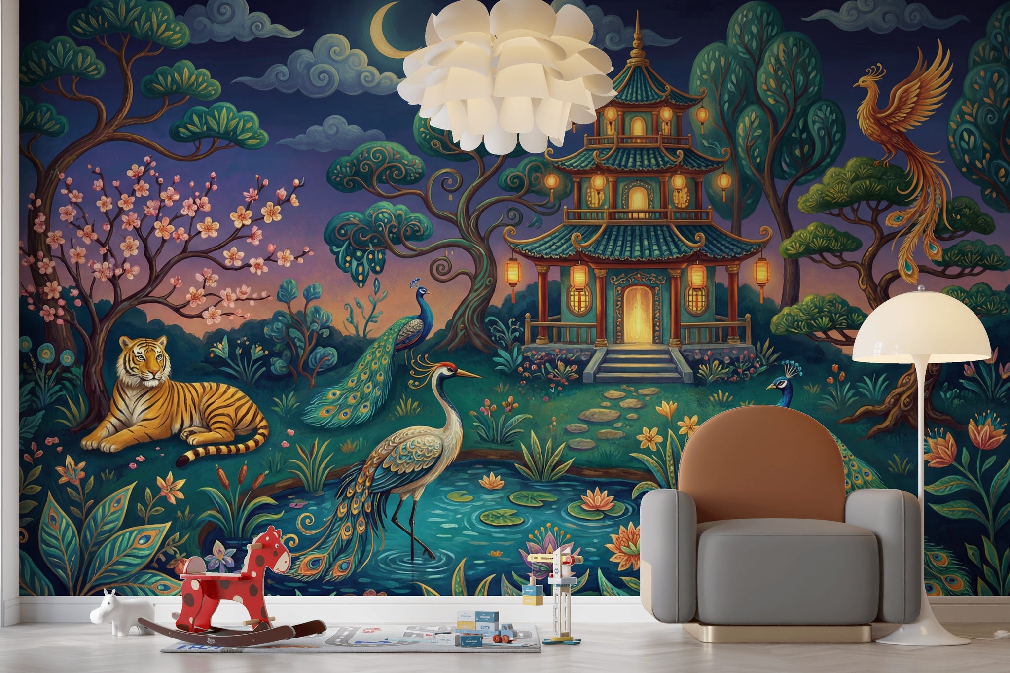 Dark Night Garden Wallpaper Pagoda Pavilion Whimsical Landscape Wall Mural