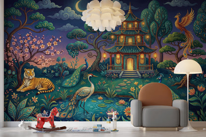 Dark Night Garden Wallpaper Pagoda Pavilion Whimsical Landscape Wall Mural